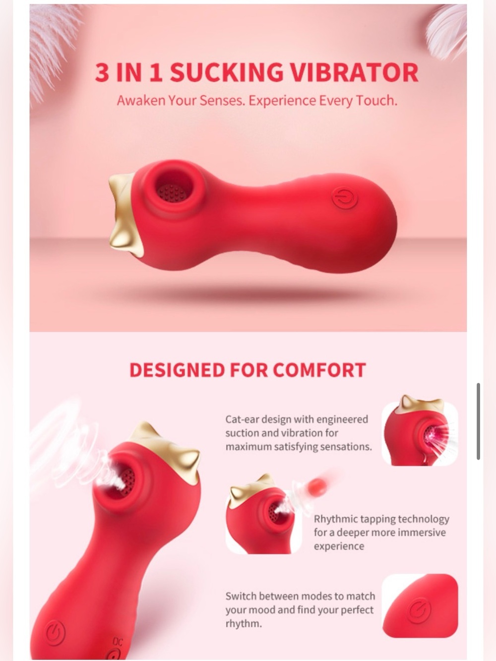 Red Silicone Self-care Massager with Gold Accent - Picture 3 of 5